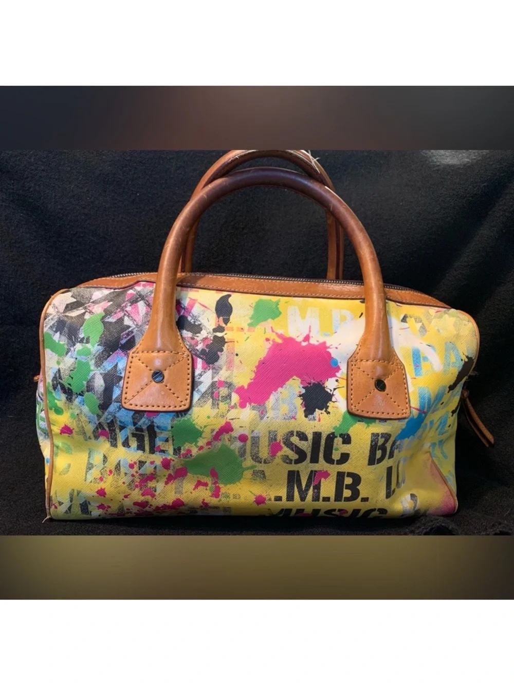 L.A.M.B. Multicolor Paint-Splash Satchel with Tan Handles Y2K!